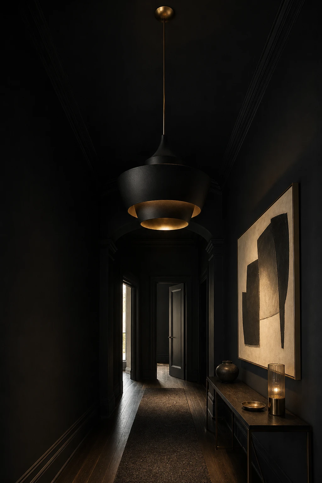 All black hallway with a sculptural statement pendant as the hero, Farrow and Ball Bible Black walls, dark hardwood floor, and dramatic downward light