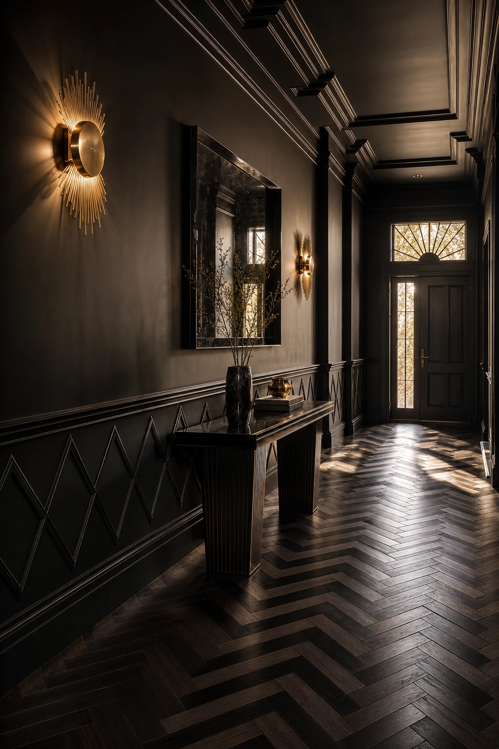 All black hallway with Art Deco geometry as the hero, featuring chevron floor tiles, stepped crown moulding, and a sunburst wall sconce in Farrow & Ball Liquorice paint