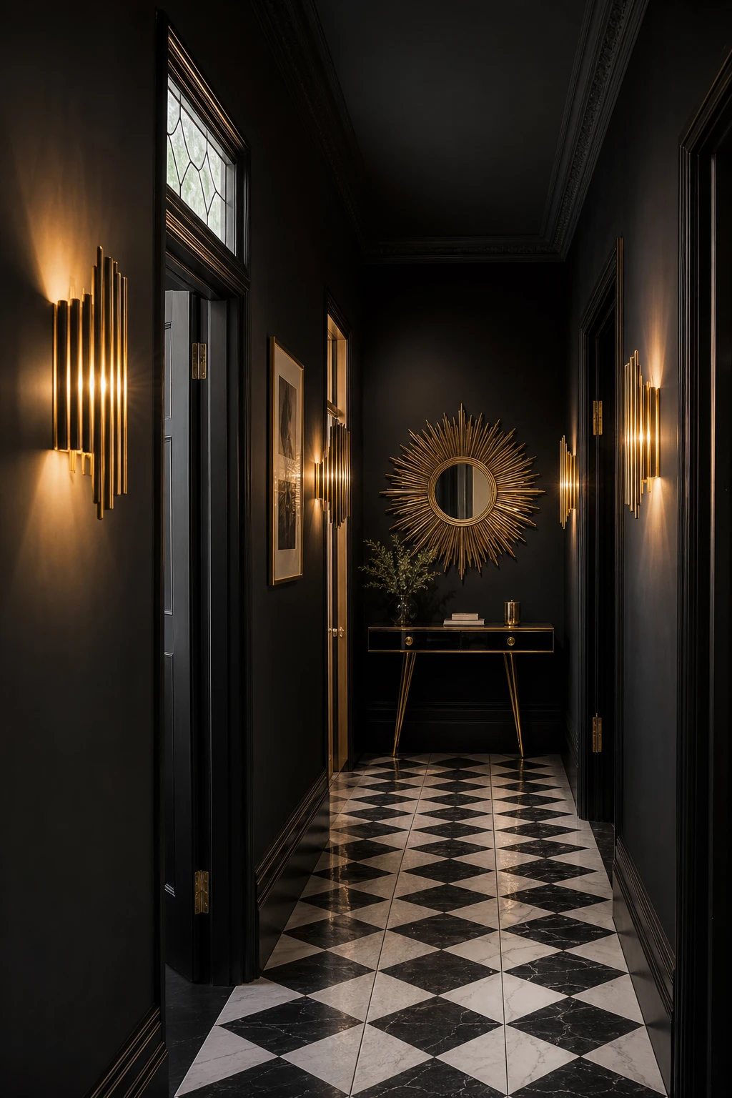 All black hallway with Art Deco glamour featuring geometric floor tiles, gold sconces, and Farrow and Ball Liquorice walls in a narrow corridor