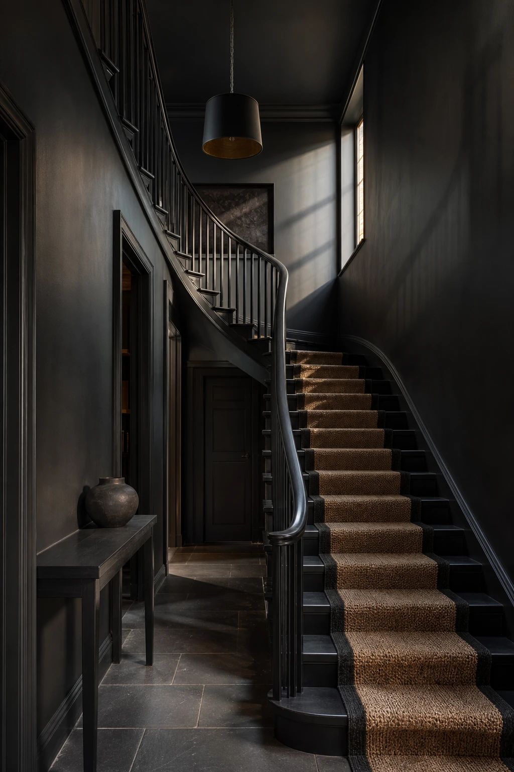 All black hallway with black staircase as hero, painted banisters and handrails rising through the space, dark treads, and dramatic vertical lines