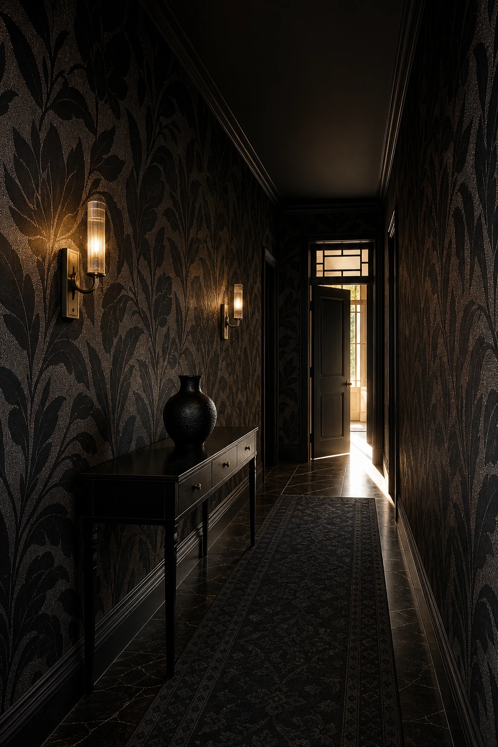All black hallway with bold patterned black wallpaper as hero, runner rug, brass sconces, dark painted console and glossy black floor tiles