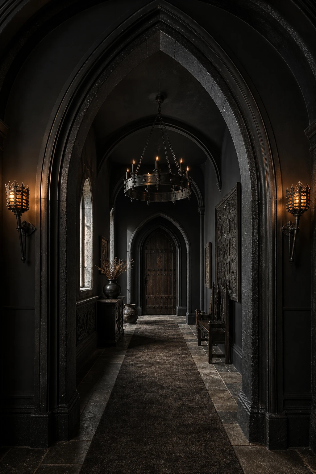 All black hallway with castle entrance drama featuring soaring arched doorway, iron chandelier, stone effect walls in Farrow and Ball Off Black and flagstone floor