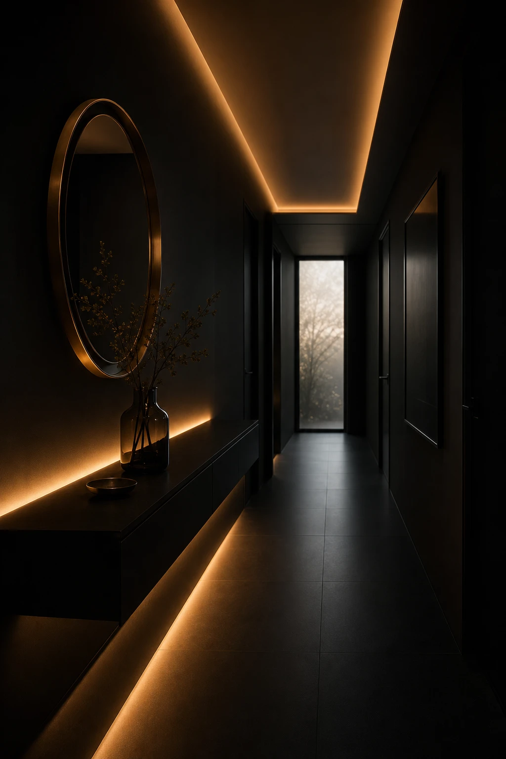 All black hallway with concealed backlit strip lighting glowing behind a floating black console, Farrow and Ball Pitch Black walls, dramatic and architectural mood