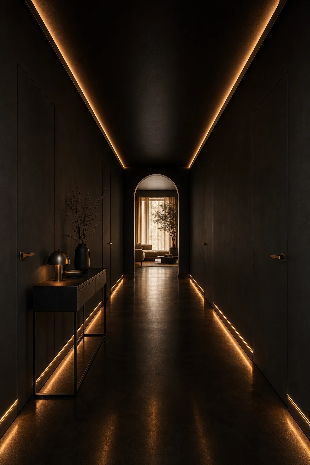 All black hallway with concealed LED strip lighting glowing along ceiling coves and skirting channels, walls painted Farrow and Ball Tar, warm amber indirect light
