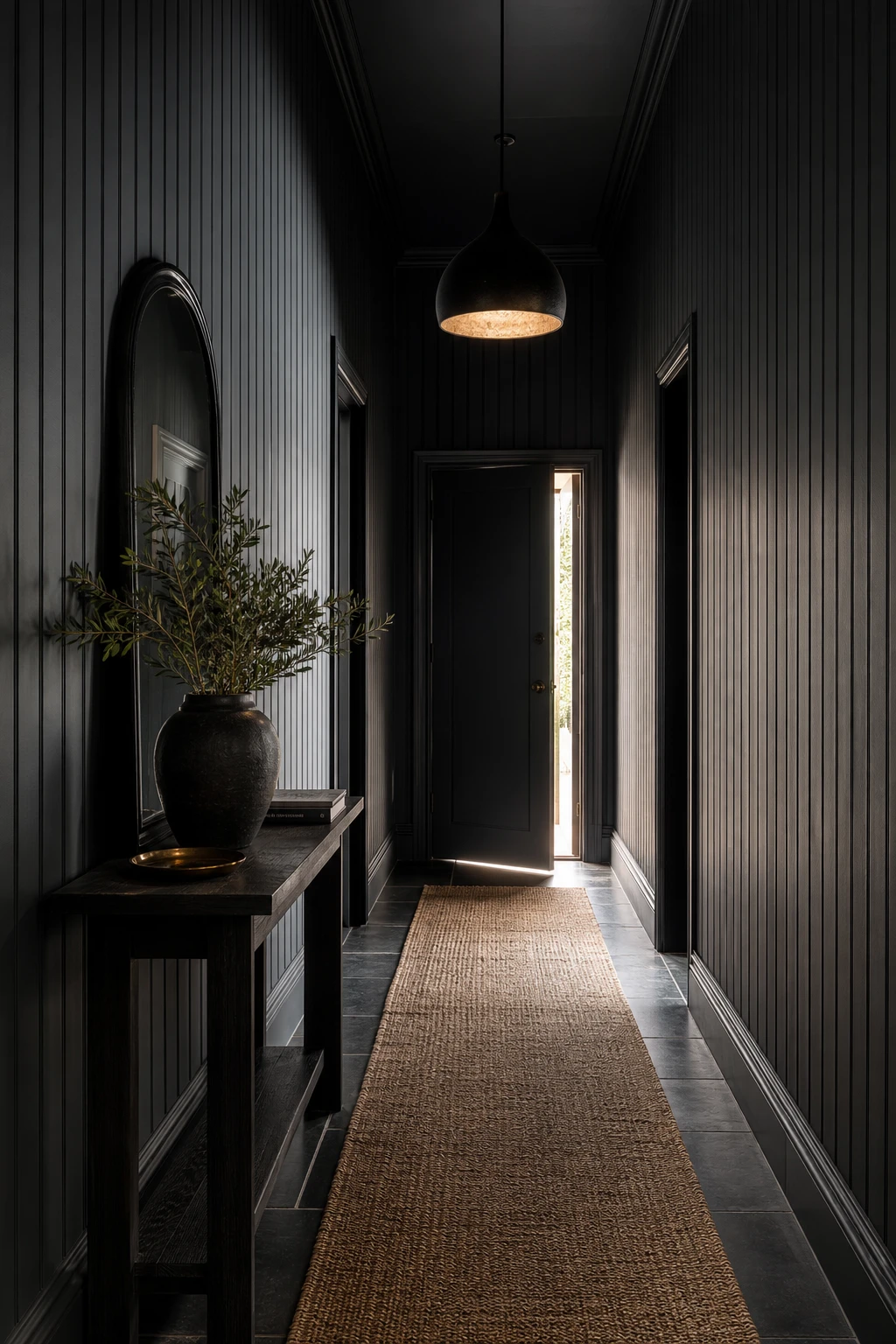 All black hallway with dark grey tongue and groove wall panelling painted Farrow and Ball Railings, console table, black framed mirror and stone floor tiles
