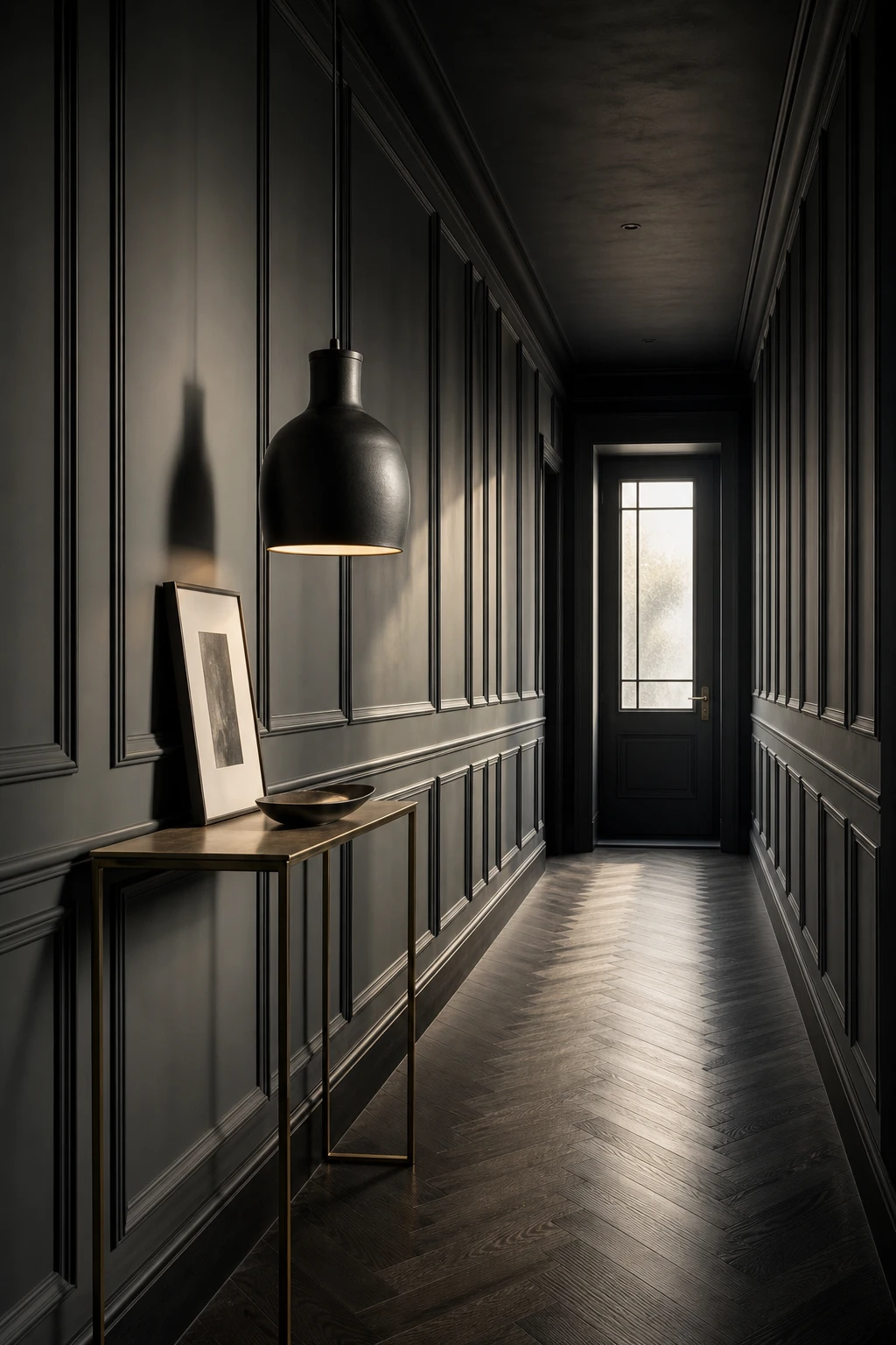 All black hallway with dark grey wall panels creating layered depth, moody pendant light overhead, herringbone floor and console table below