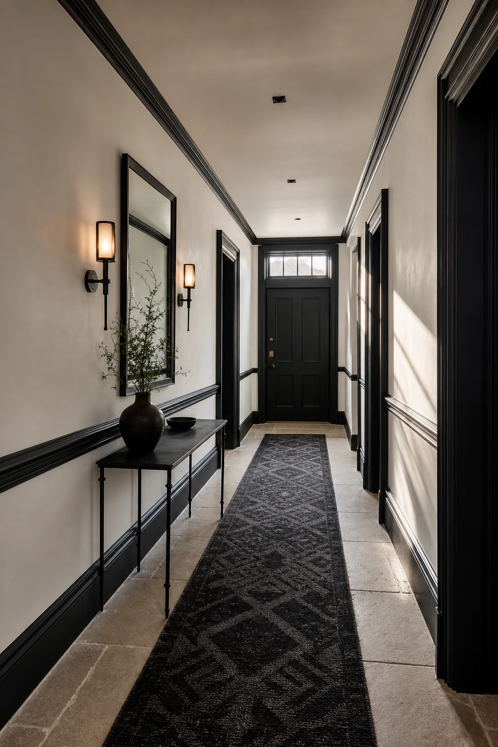 All black hallway with dark painted moulding contrasting against pale cool white walls, creating bold graphic architectural drama in a classic corridor