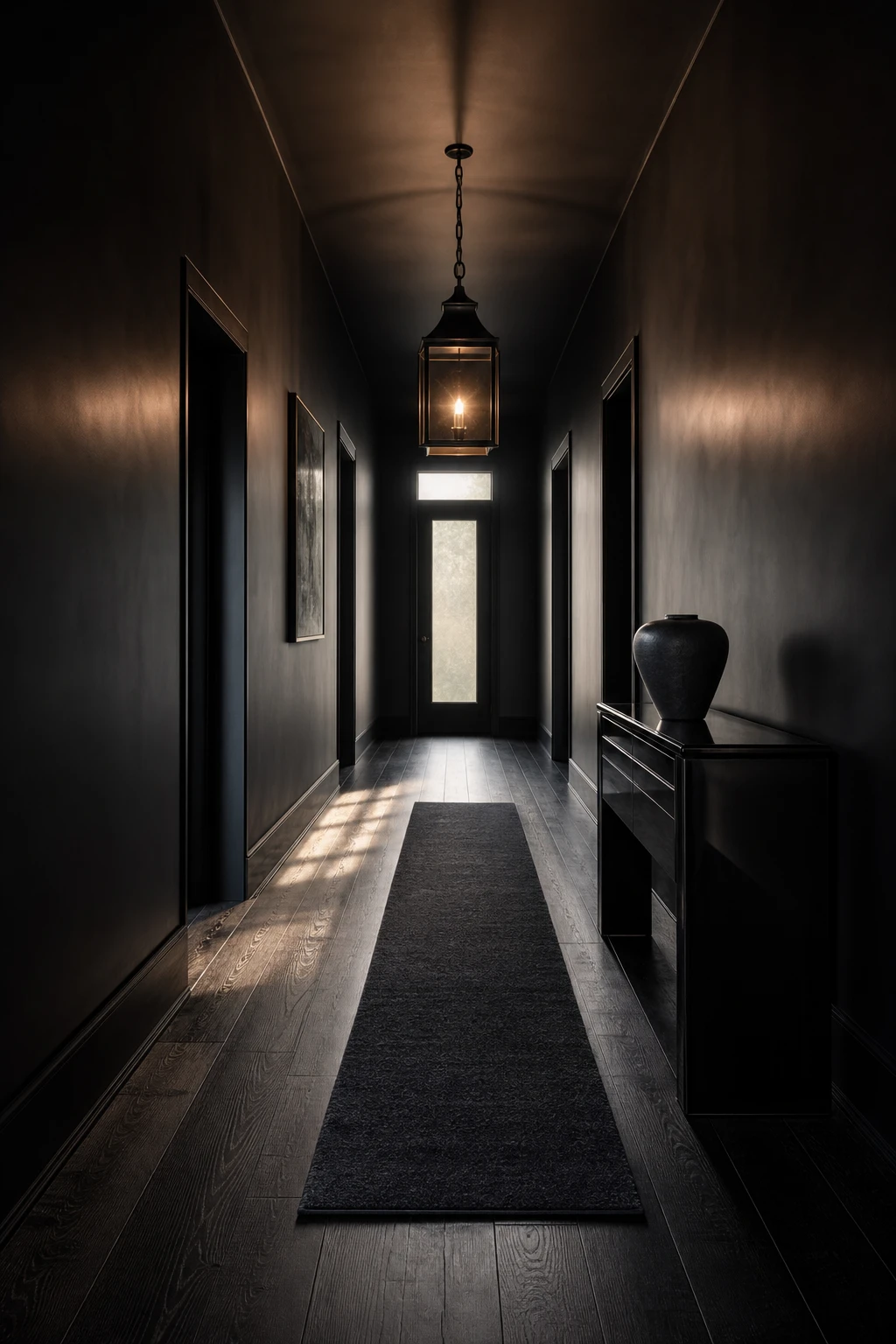 All black hallway with dark wood floors as hero, black walls, black console table, dramatic pendant light and narrow runner rug in moody architectural photography