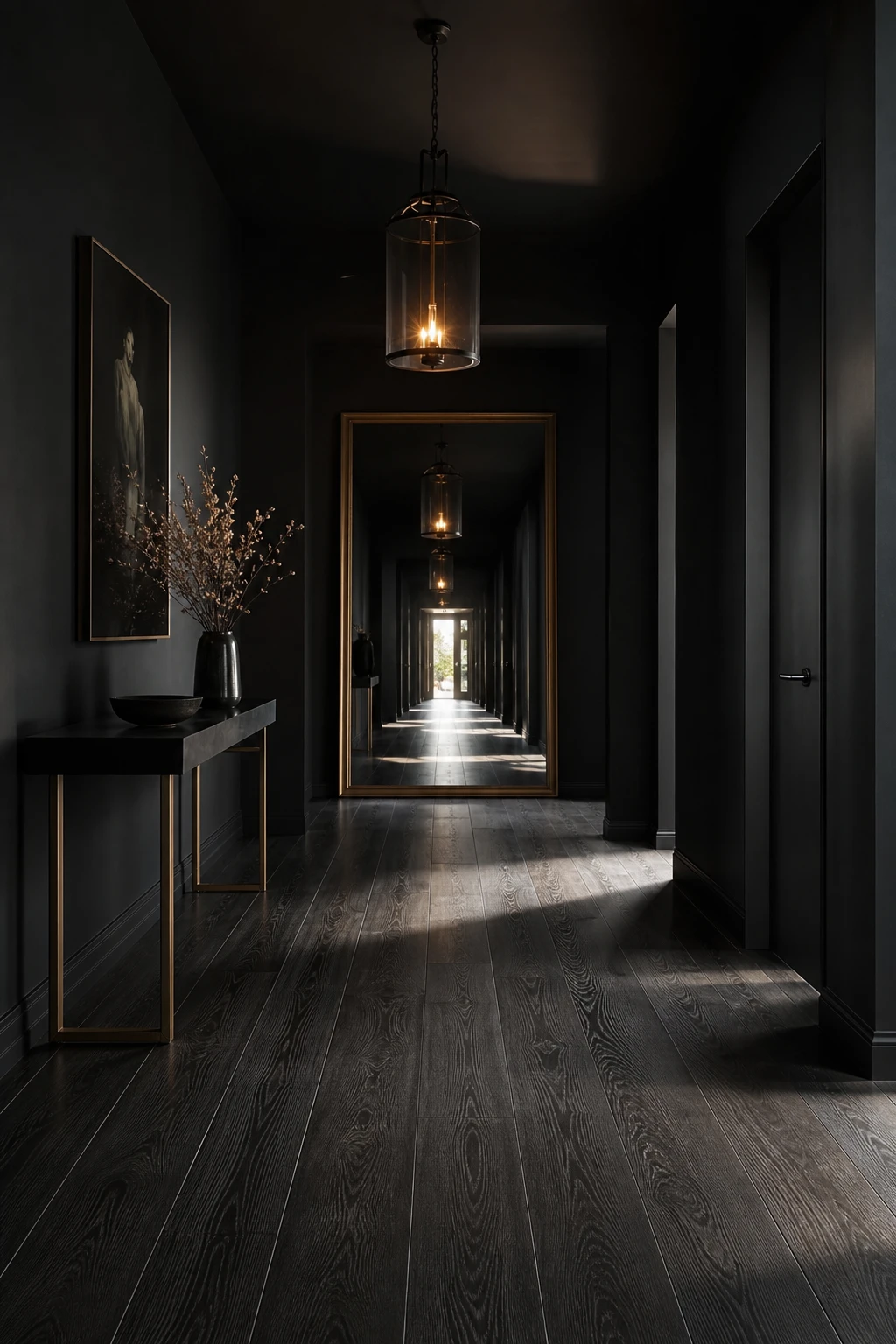 All black hallway with dark wood floors, black walls painted Farrow and Ball Tar, dramatic lighting, and a continuous seamless envelope of deep shadow and warmth