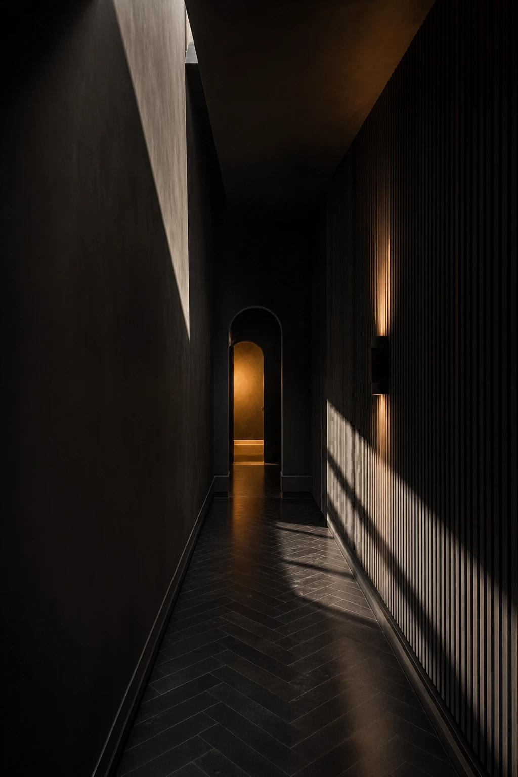 All black hallway with dramatic directional light casting bold shadow patterns across matte walls, ceiling, and floor, revealing architectural depth through contrast