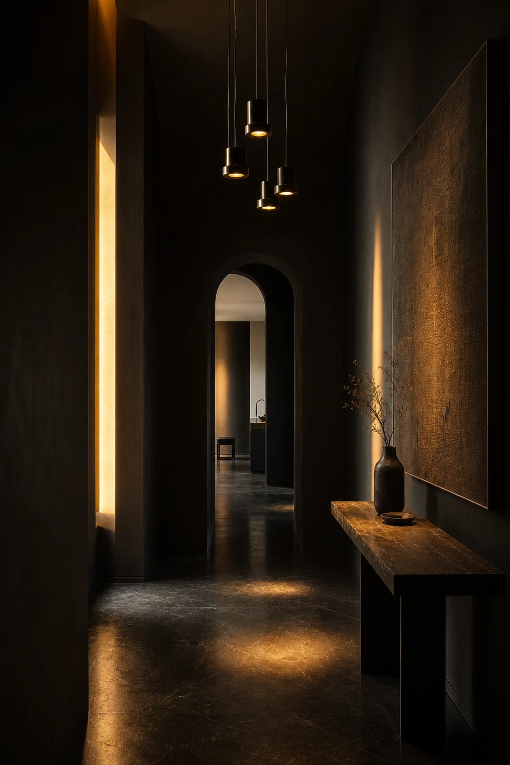 All black hallway with dramatic light and shadow play across dark walls, an arched doorway, and a sleek pendant light casting pools of warm glow