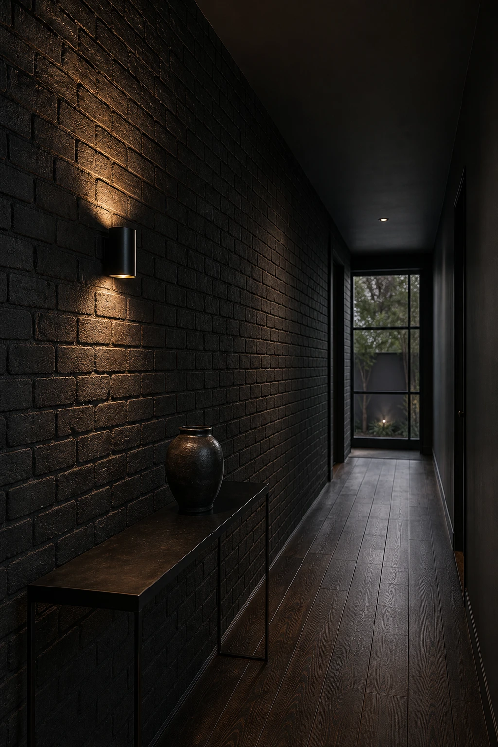 All black hallway with exposed black brick wall as hero feature, matte black ceiling, dark hardwood floor, slim black console table, and single wall sconce casting warm light