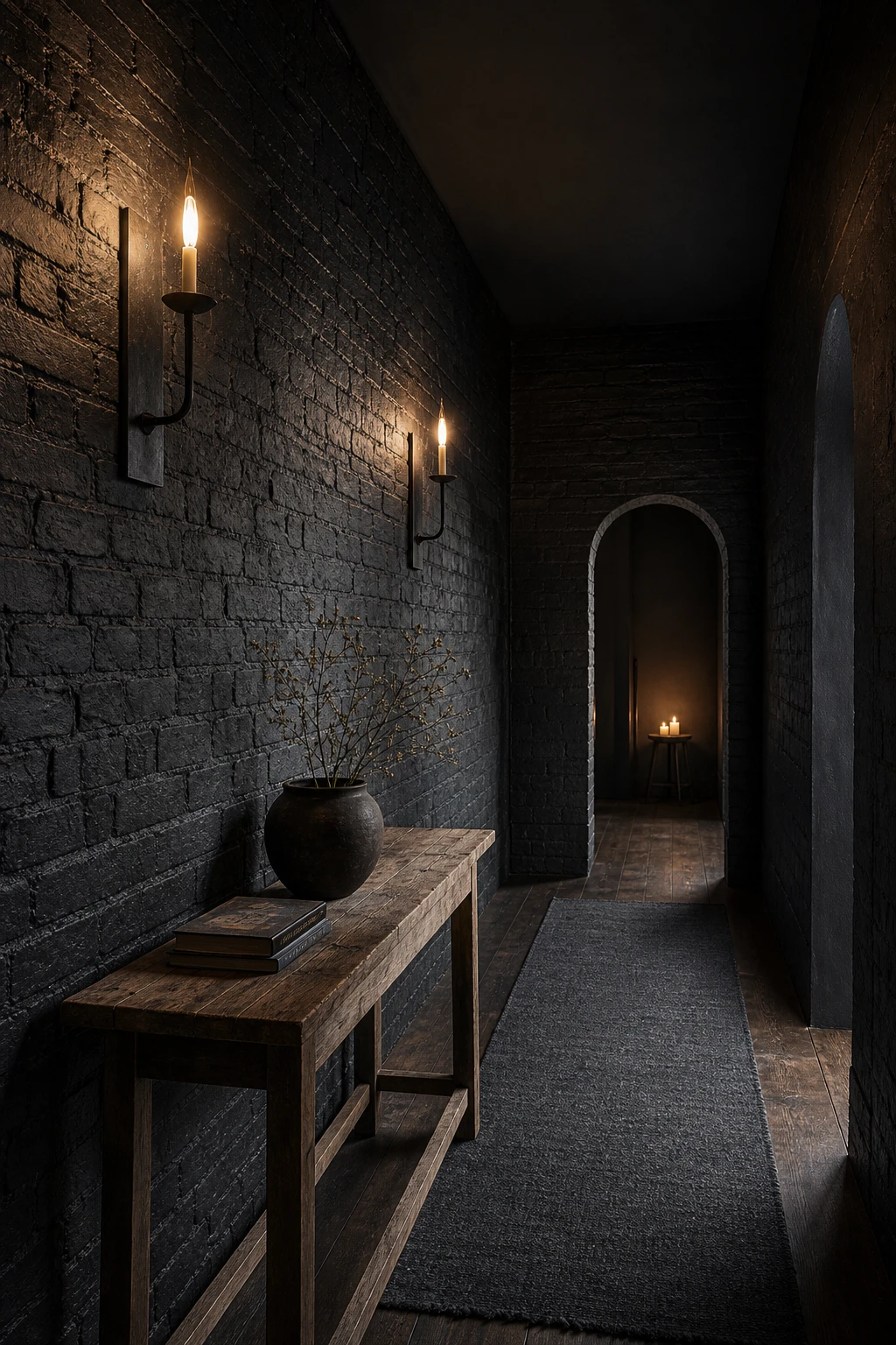 All black hallway with exposed black brick walls as hero, featuring iron wall sconces, dark hardwood floor, arched doorway and a slim console table