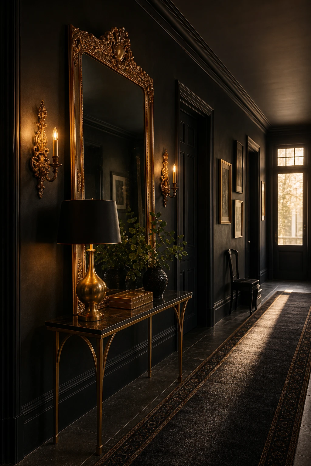 All black hallway with gold accents, featuring a gilded mirror, brass wall sconces, and Farrow and Ball Liquorice walls creating a rich welcoming entrance