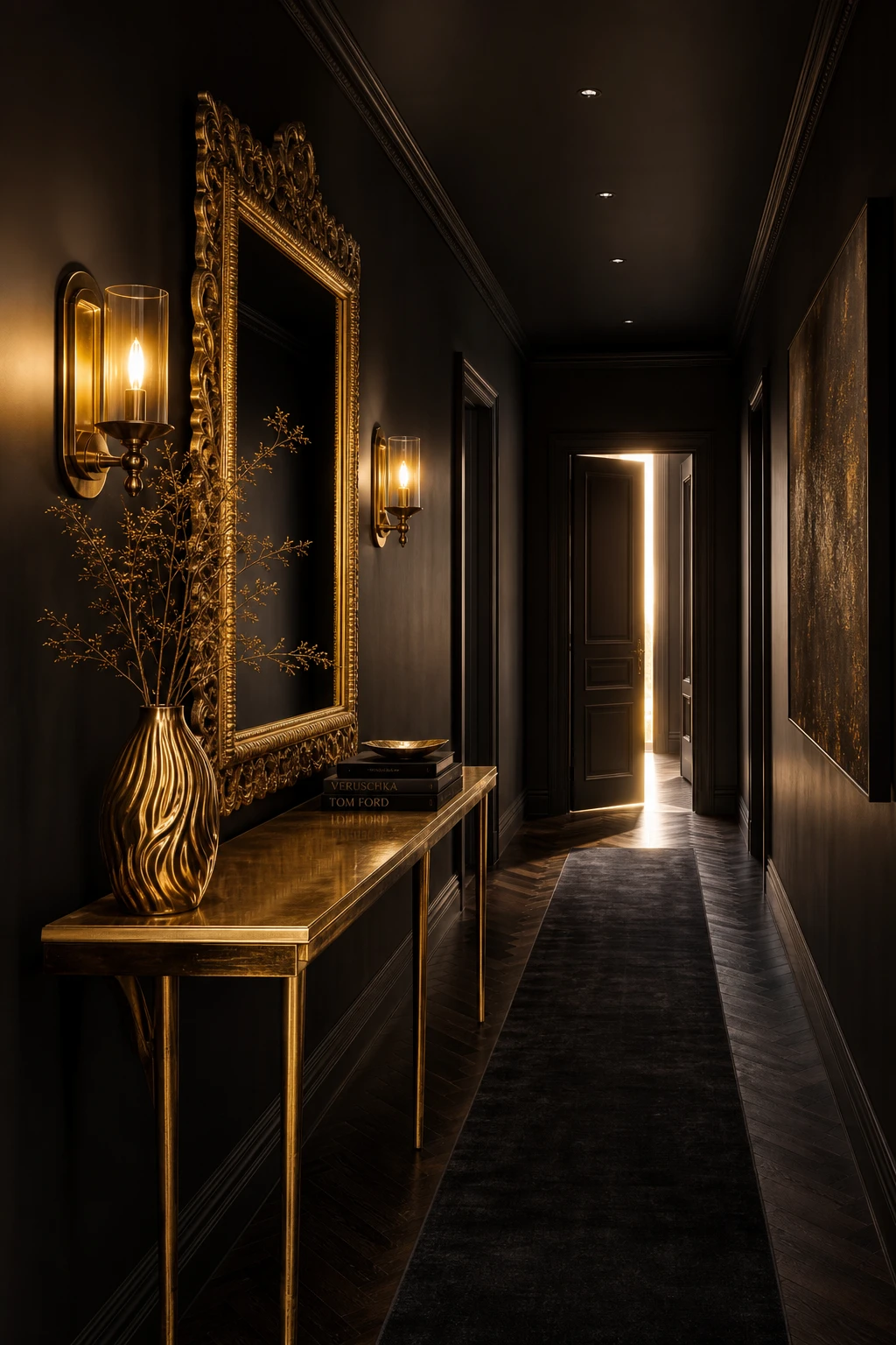 All black hallway with gold accents including a gilded console table, brass wall sconces, and gold framed mirror against Farrow and Ball Off Black painted walls