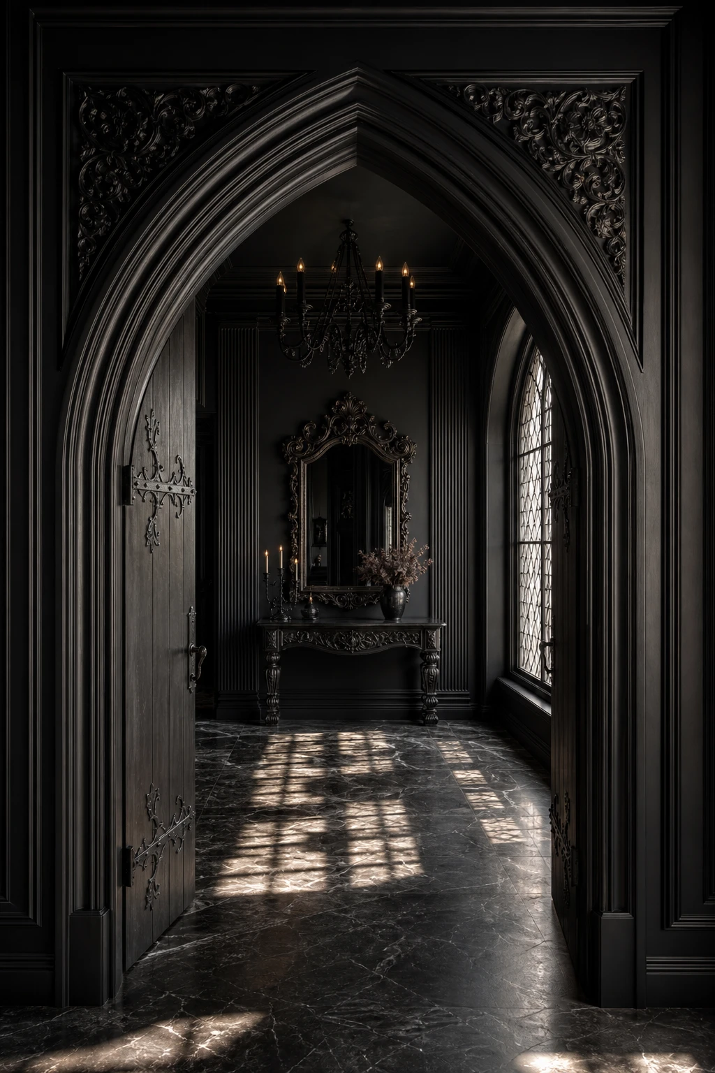 All black hallway with gothic drama featuring pointed arch doorway, ornate wall panelling, iron chandelier, and Farrow & Ball Bible Black painted walls