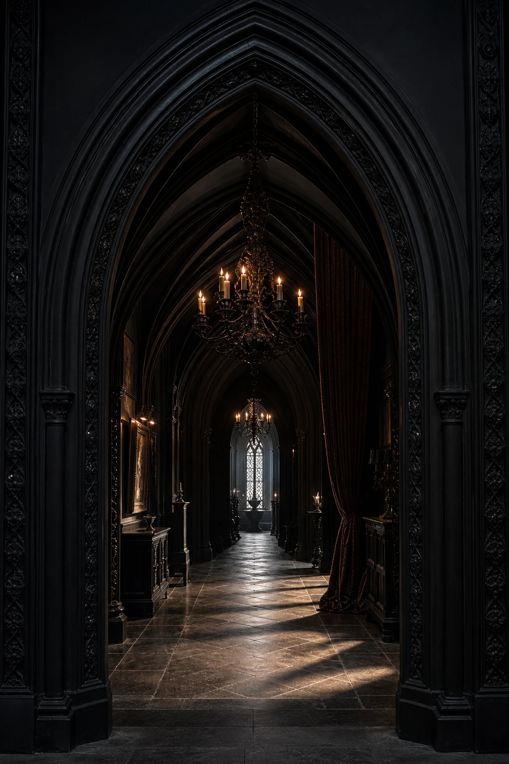 All black hallway with Gothic drama featuring ribbed ceiling vaults, ornate carved wall panelling, pointed arch doorway and candlelit iron chandelier bathed in dim evening light