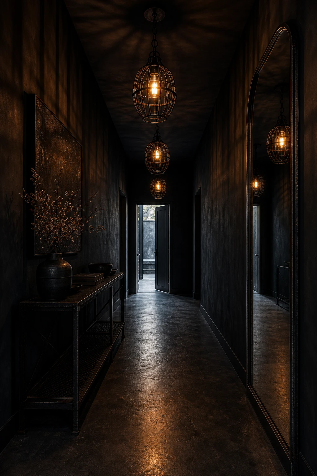 All black hallway with industrial cage pendant lights and warm amber filament bulbs casting dramatic shadows on matte black walls and concrete floor
