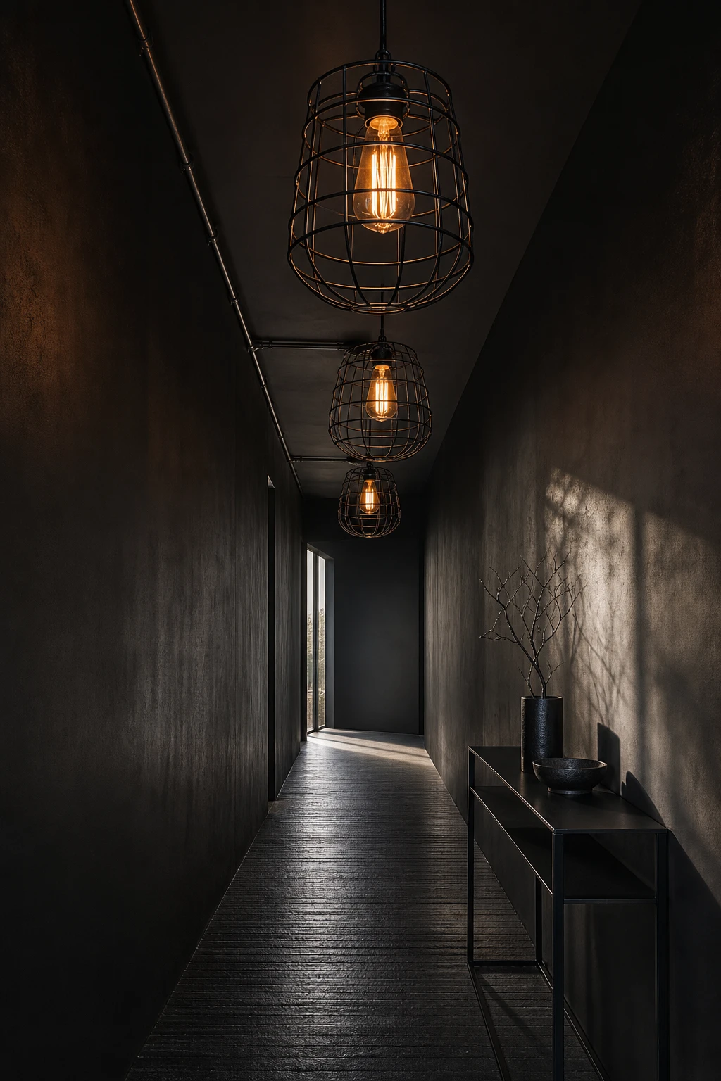 All black hallway with industrial cage pendant lights, exposed filament bulbs, black metal ceiling, dark painted walls and concrete floor