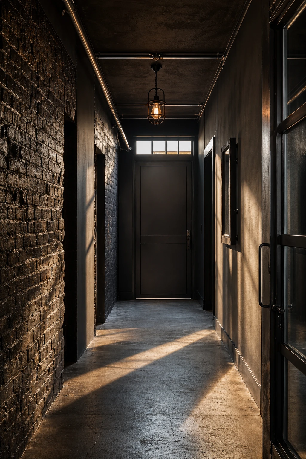 All black hallway with industrial raw finish featuring exposed brick, steel conduit, concrete floor, and Farrow & Ball Tar painted walls in moody editorial light