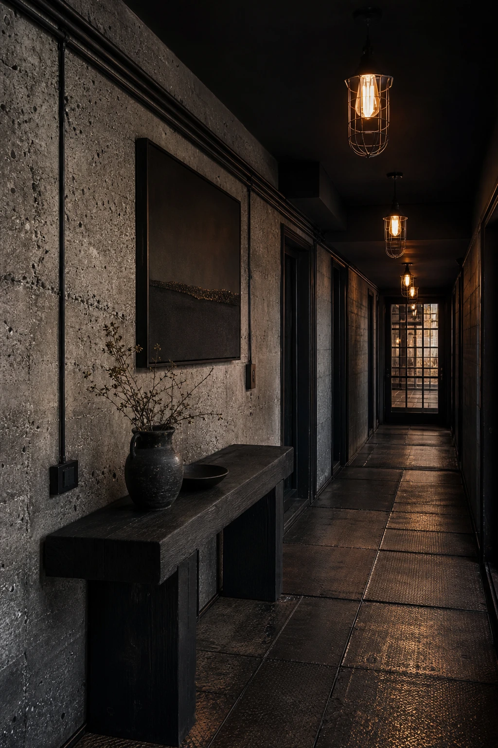 All black hallway with industrial raw finish featuring exposed concrete walls, black steel conduit, worn iron floor plates and Farrow and Ball Grate Black painted ceiling