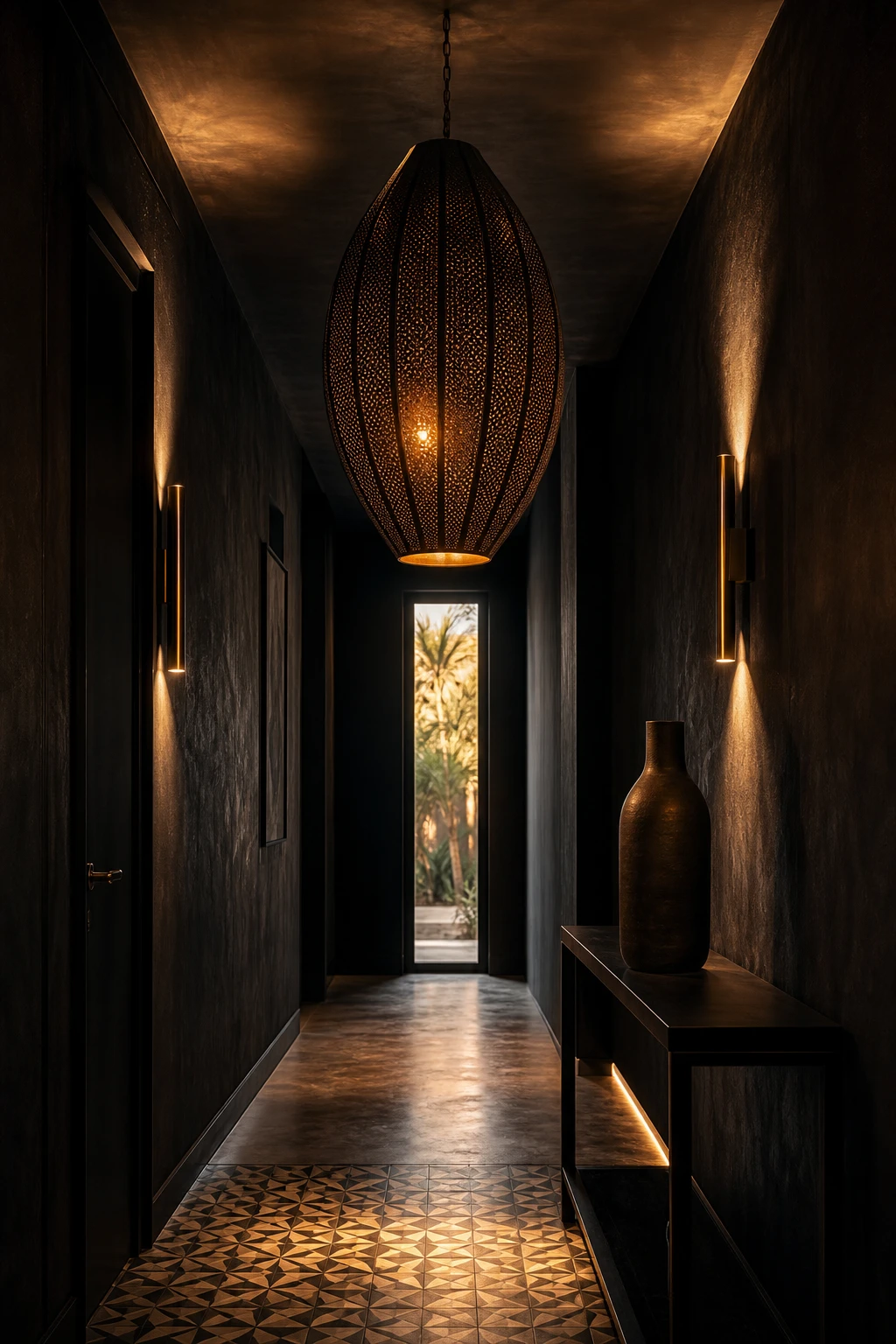 All black hallway with layered decorative lighting including a sculptural pendant and wall sconces casting warm glows against Farrow and Ball Paean Black walls