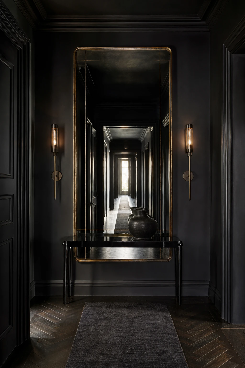 All black hallway with oversized mirror installation reflecting light, dark walls, slim console table, pendant lighting, and dramatic narrow corridor