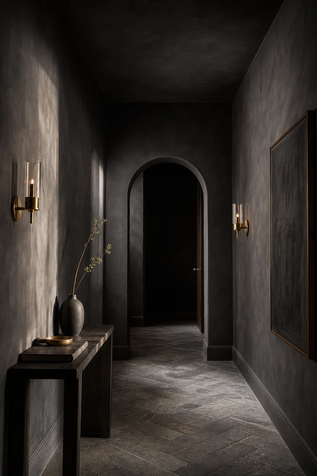 All black hallway with soft dark grey walls in Farrow and Ball Grate Black paint, moody console table, aged brass wall sconce, herringbone floor, and dark arched doorway