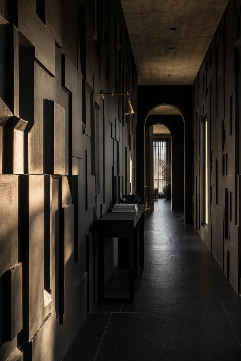 All black hallway with textured 3D wall panels painted in deep black, dramatic shadow play across surfaces, moody corridor with directional lighting