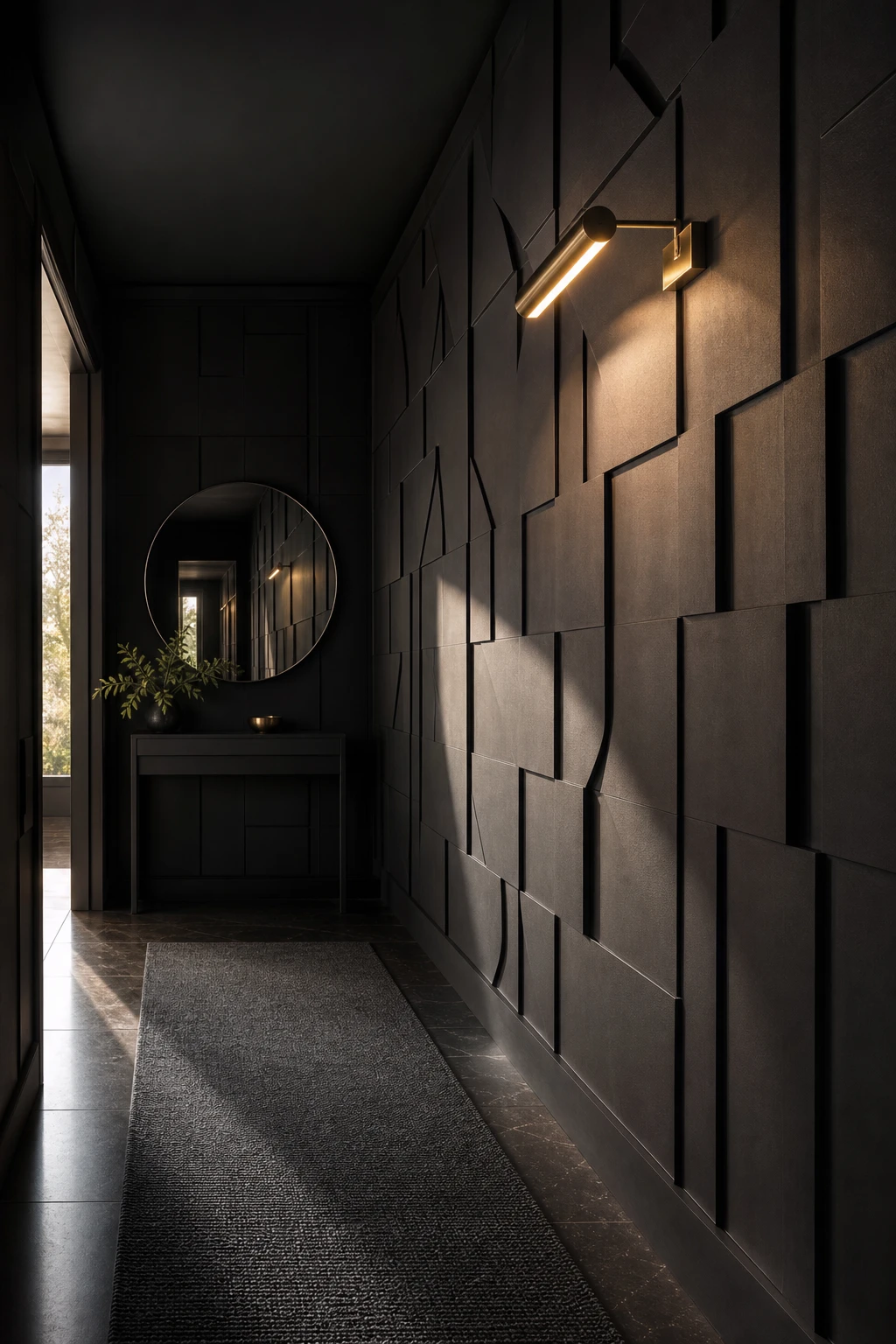 All black hallway with textured wall panels in Farrow and Ball Paean Black, dramatic side lighting revealing deep relief patterns, narrow corridor interior