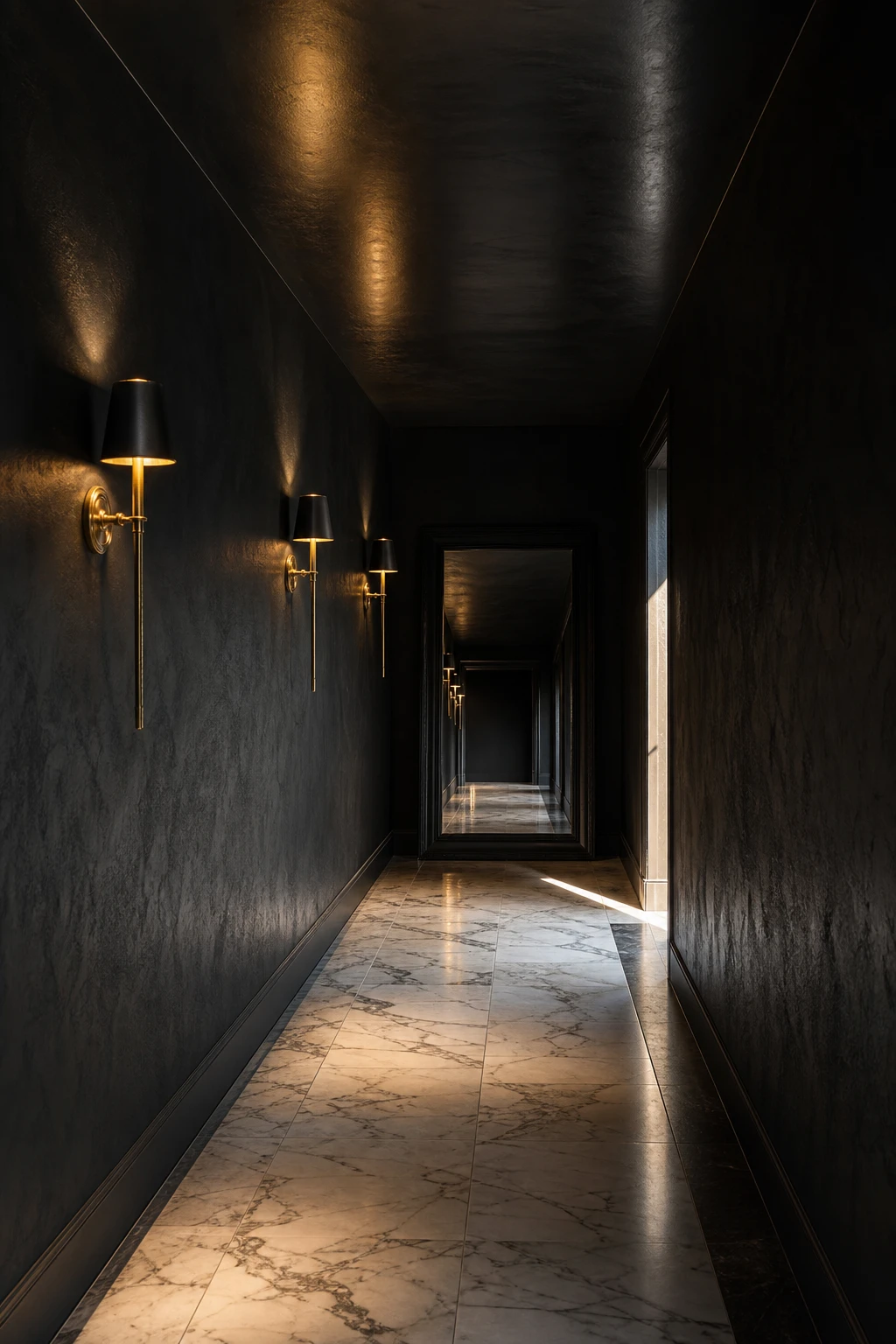 All black hallway with walls and ceiling painted the same deep black, creating a seamless immersive envelope with brass sconces and a pale marble floor