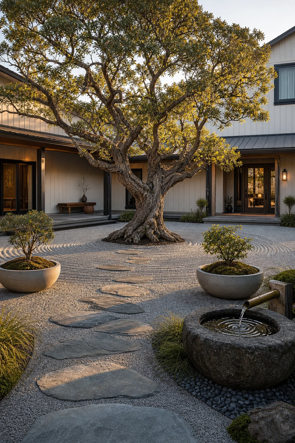 Barndominium zen garden courtyard centred on a sculptural specimen tree with raked gravel, stone pavers, and Farrow & Ball Bone painted exterior walls