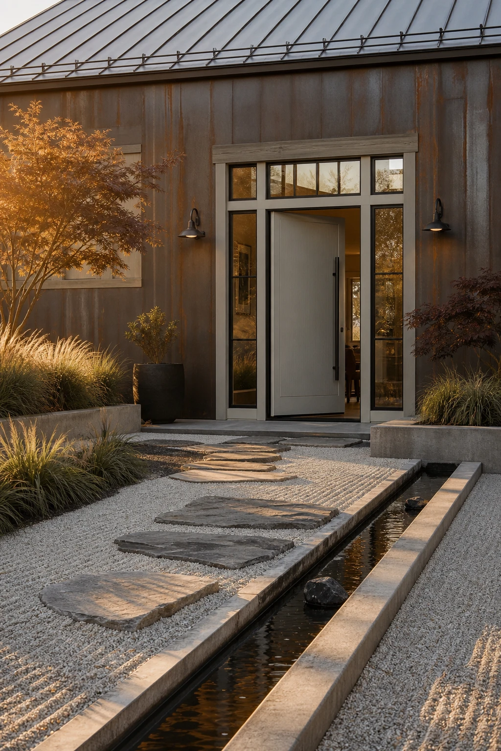 Barndominium zen garden entrance courtyard with raked gravel, stepping stones, ornamental grasses and a wide pivoting door painted in Farrow & Ball Elephants Breath warm neutral