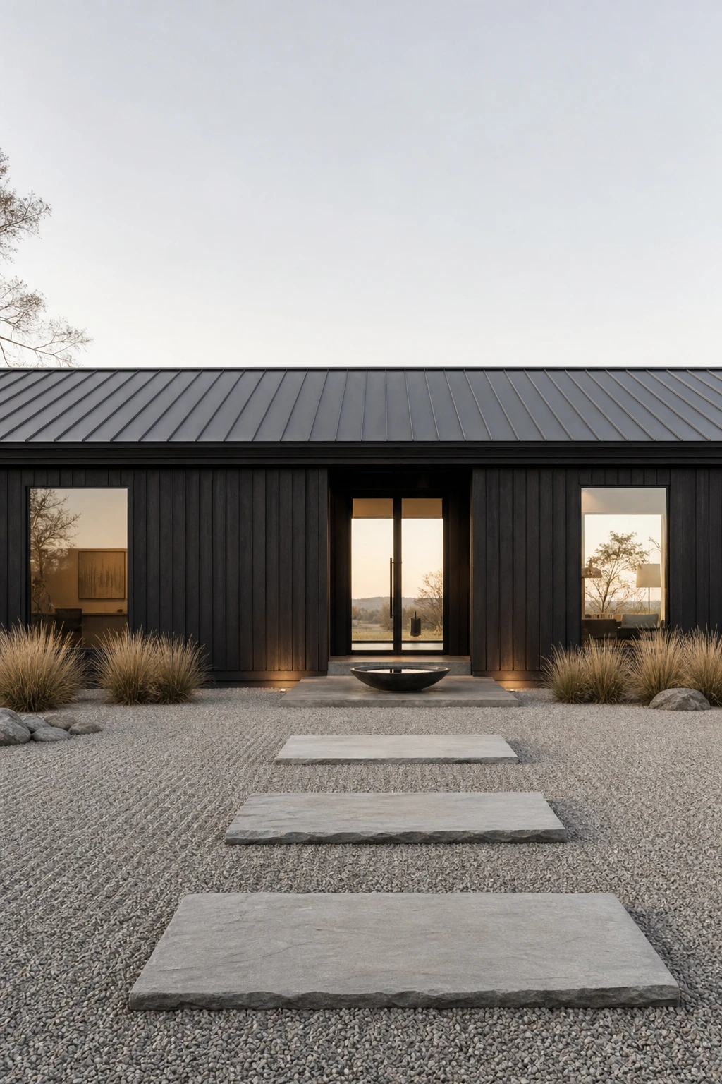 Barndominium Zen Garden exterior with clean horizontal roofline and Farrow & Ball Blackened facade, raked gravel, ornamental grasses and stepping stones in soft morning light