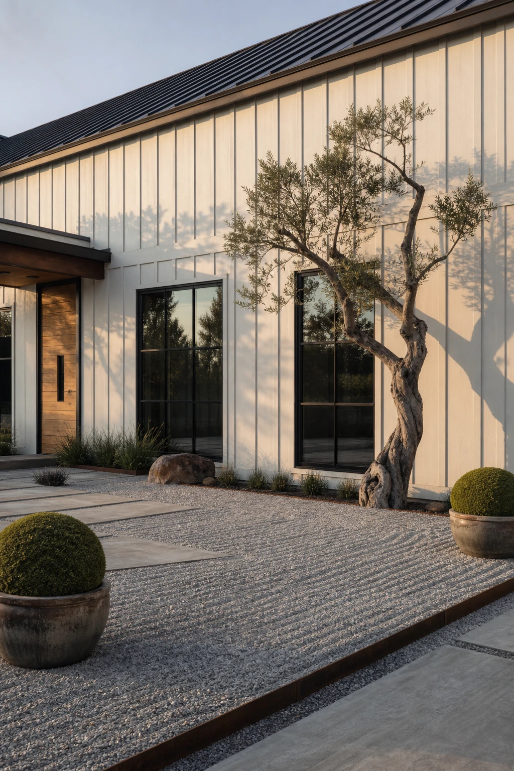 Barndominium Zen Garden exterior with Japandi facade featuring warm neutral siding, raked gravel, clipped hedges, and natural timber details in soft morning light