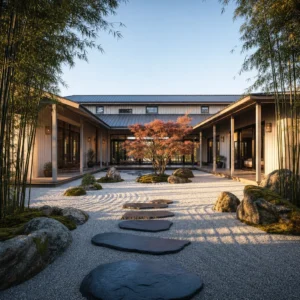 Barndominium zen garden with board and batten cedar cladding, pagoda roofline, central courtyard maple, raked white gravel, engawa deck, and bamboo groves in low eastern morning light.