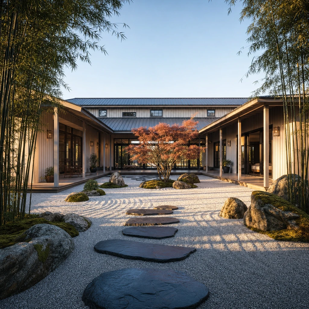 Barndominium zen garden with board and batten cedar cladding, pagoda roofline, central courtyard maple, raked white gravel, engawa deck, and bamboo groves in low eastern morning light.