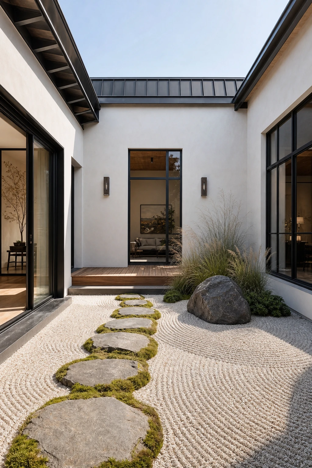 Barndominium zen garden inner courtyard with raked gravel, stepping stones, ornamental grasses, and Cornforth White painted walls under soft midday light