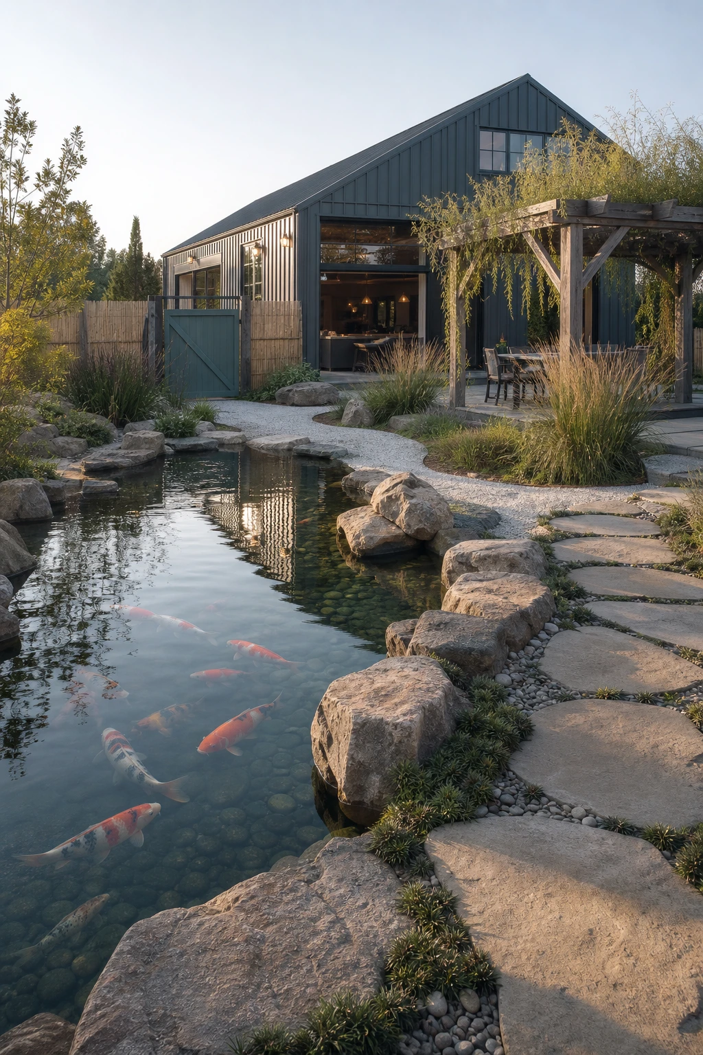 Barndominium zen garden koi lake with koi fish, stone edging, gravel raked paths, ornamental grasses and Farrow and Ball Green Blue painted garden gate