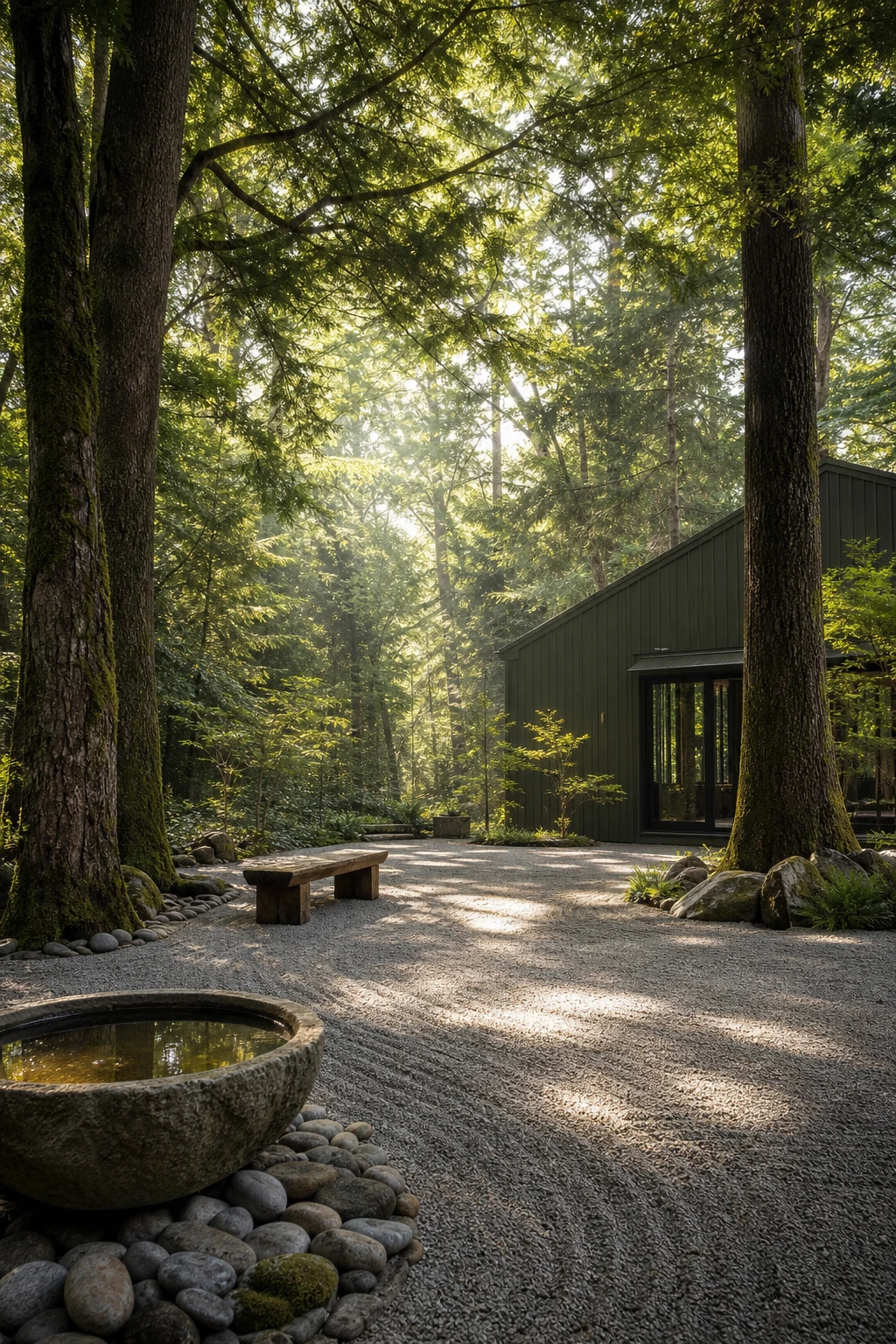 Barndominium Zen garden nestled within a dense forest setting, with tall trees forming a natural canopy above a raked gravel floor and simple timber seating