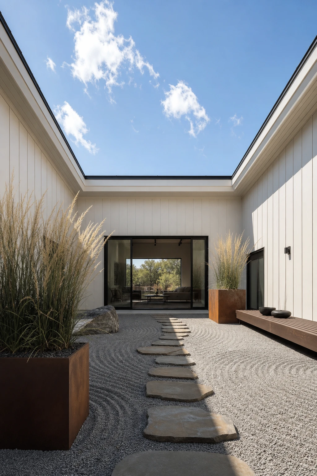 Barndominium zen garden open air courtyard with unroofed sky frame, warm white rendered walls, raked gravel, stepping stones and sculptural ornamental grasses