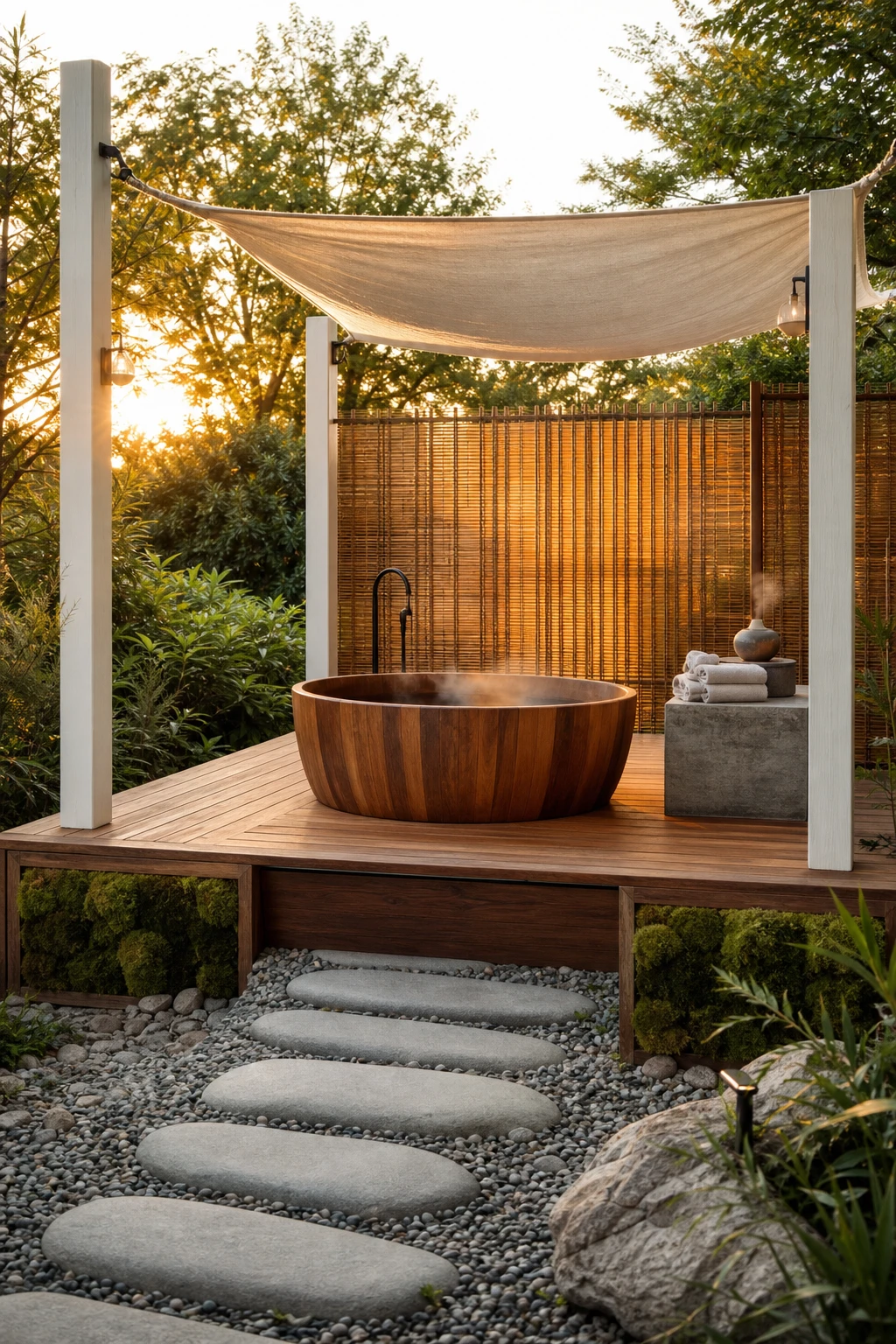 Barndominium zen garden spa zone with soaking tub canopy and warm white painted timber frame surrounded by gravel and bamboo in soft afternoon light