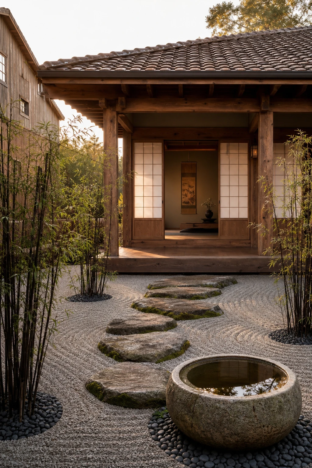 Barndominium zen garden tea house with warm neutral timber frame, sliding shoji screens, raked gravel, stepping stones, and ornamental grasses in soft afternoon light