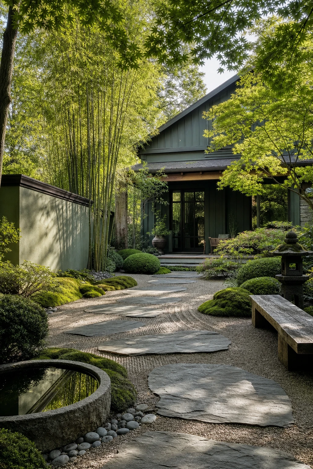 Barndominium zen garden viewed through layered green planting from ground moss to tall canopy with Farrow and Ball Lichen painted garden wall