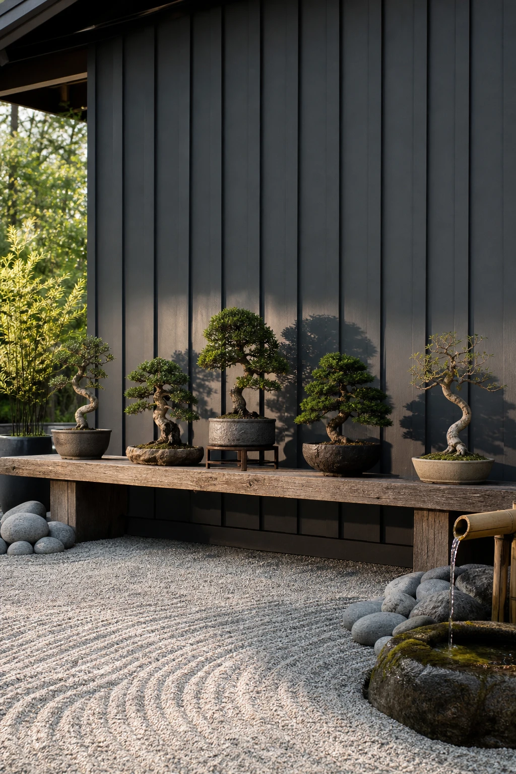 Barndominium zen garden with a bonsai display arranged on a wide timber bench, sage green wall behind, natural morning light, architectural garden photography.