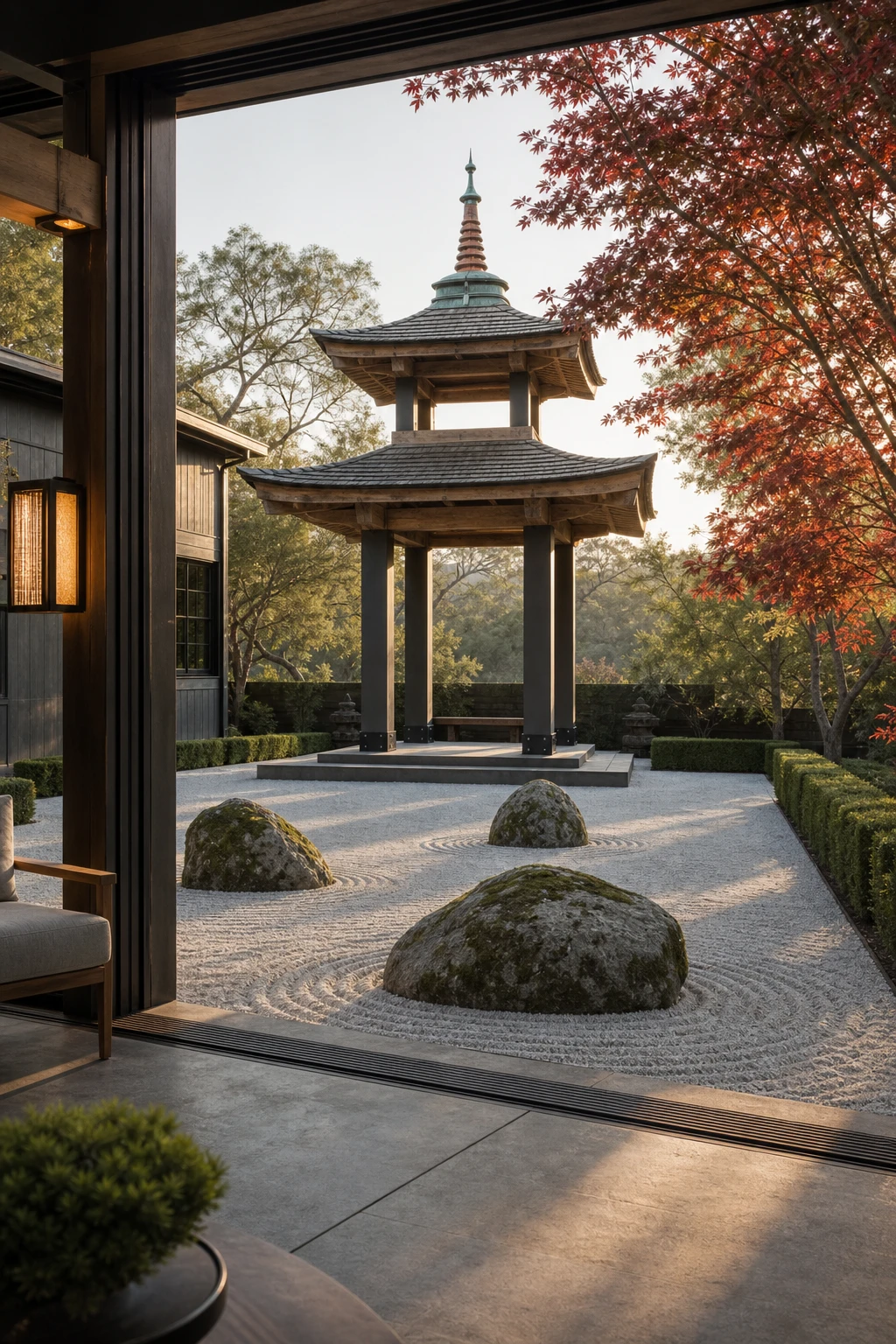 Barndominium zen garden with a freestanding timber pagoda as the focal landmark, framed by raked gravel, moss boulders, and bamboo under soft morning light
