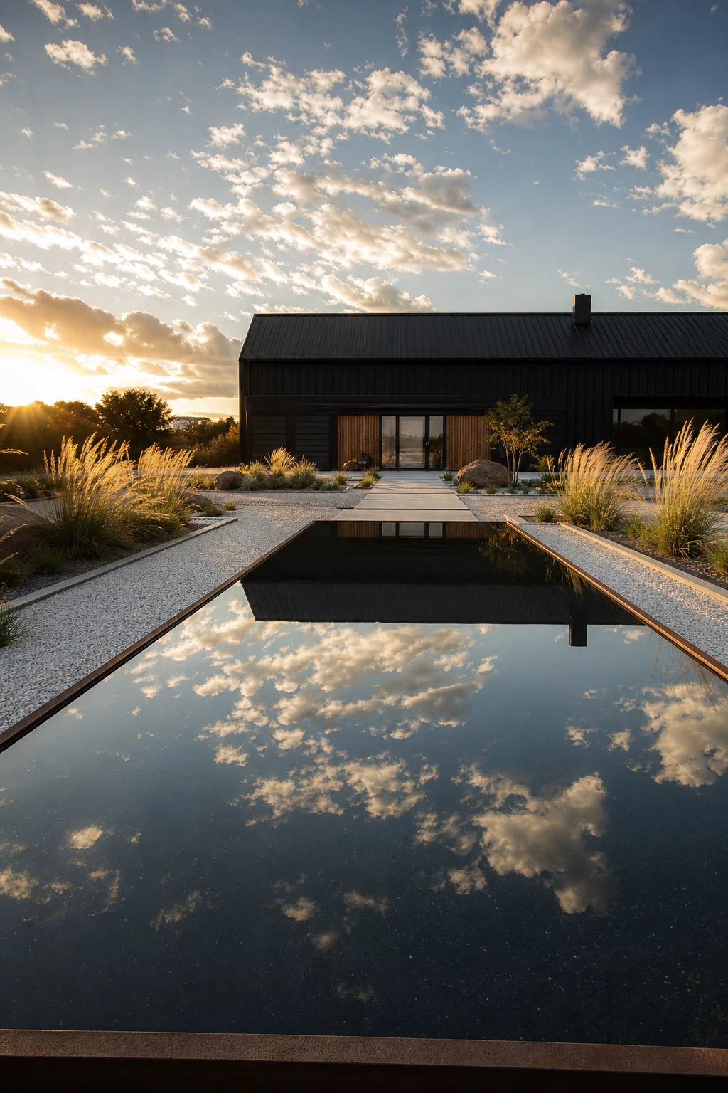 Barndominium zen garden with a long dark lined reflecting pool mirroring the sky, surrounded by raked gravel, ornamental grasses, and a steel clad barn facade painted Farrow & Ball Pitch Black