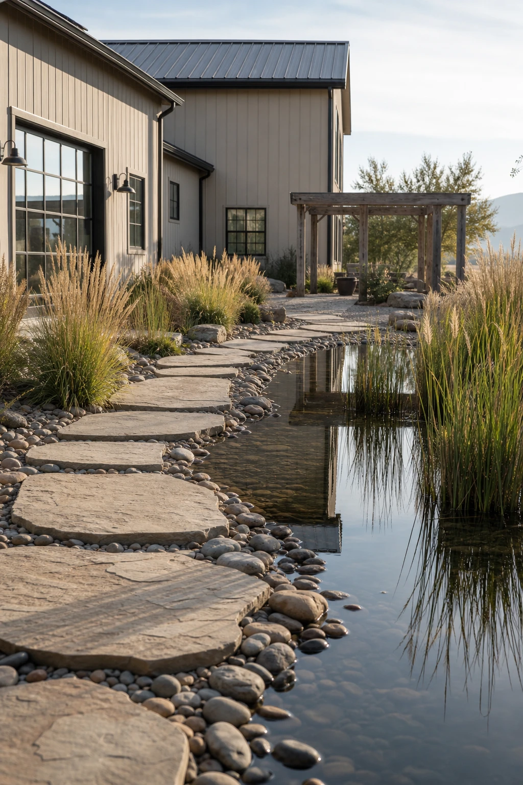 Barndominium zen garden with a meandering stone path curving past a still reflective pond bordered by ornamental grasses and smooth river rocks