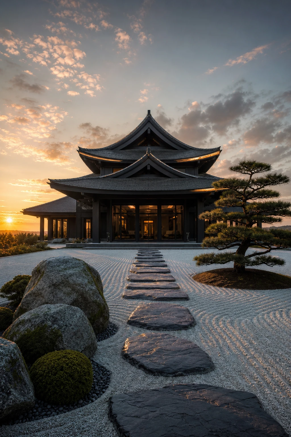 Barndominium zen garden with a pagoda roofline gazebo painted Farrow & Ball Off Black anchoring a raked gravel courtyard at dusk
