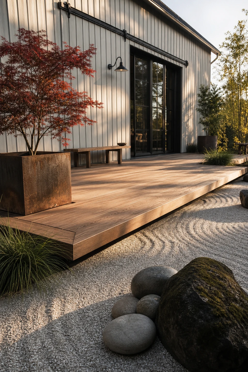Barndominium zen garden with a slightly raised wooden deck as the hero, surrounded by raked gravel, ornamental grasses, and smooth river stones in warm afternoon light